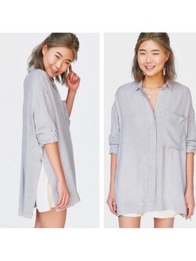bdg urban outfitters striped logan button down top gray white side slit small